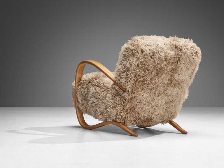 Jindrich Halabala Lounge Chair in Beige Sheepskin