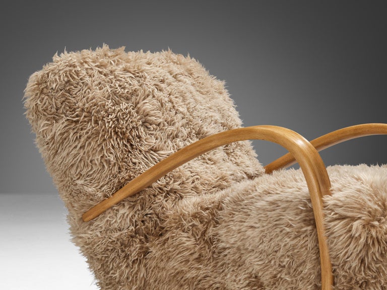 Jindrich Halabala Lounge Chair in Beige Sheepskin