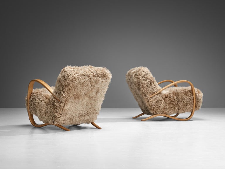 Jindrich Halabala Lounge Chairs in Beige Sheepskin