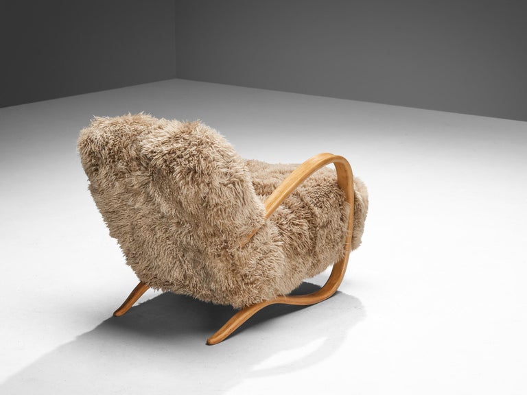 Jindrich Halabala Lounge Chair in Beige Sheepskin