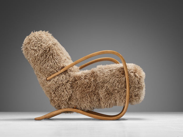 Jindrich Halabala Lounge Chairs in Brown Tibetan Lambswool