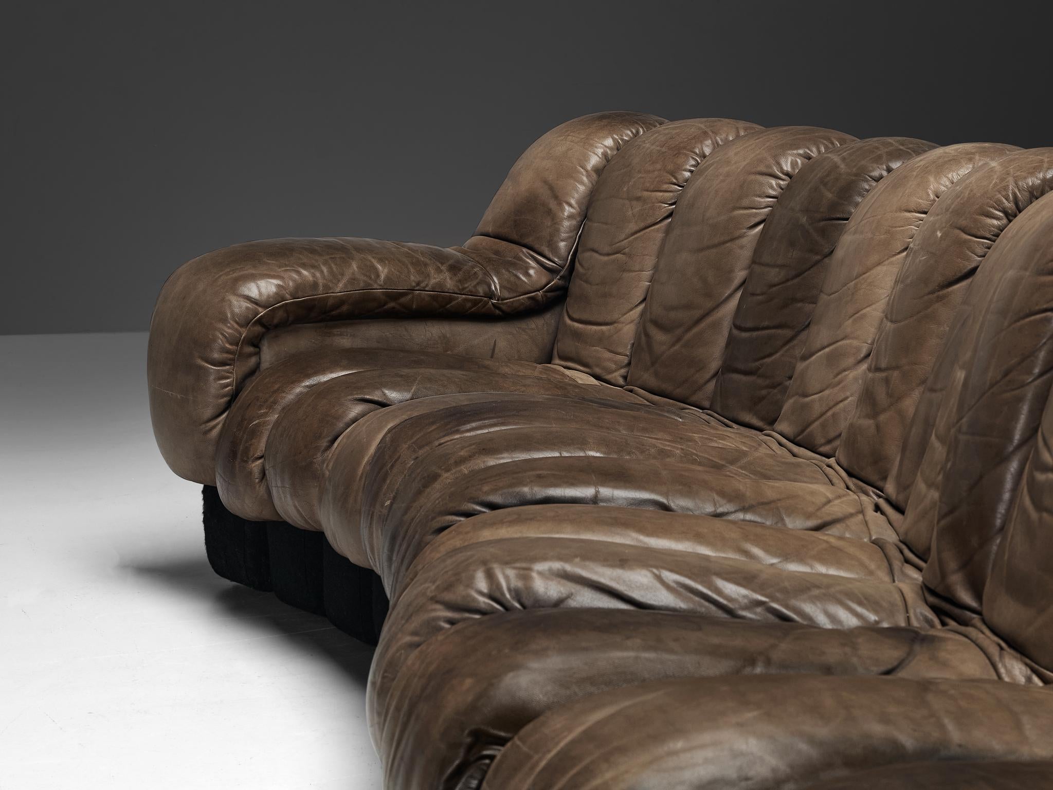 De Sede DS-600 'Snake' Sectional Sofa in Patinated Dark Brown Leather