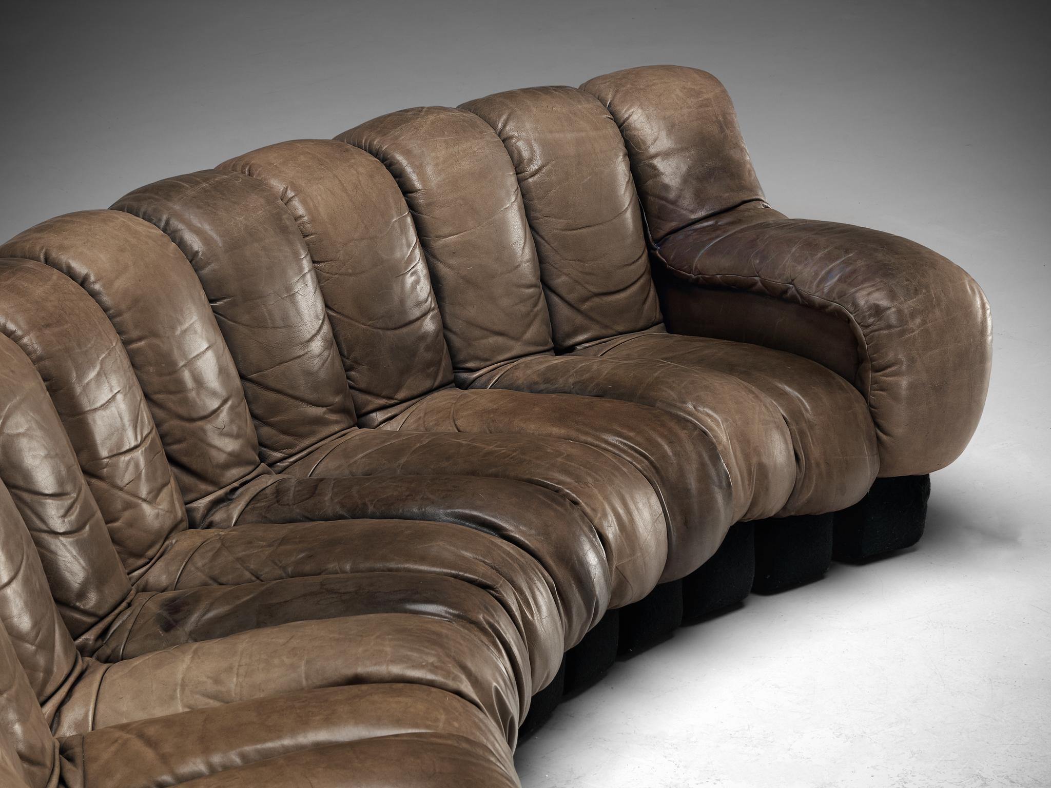 De Sede DS-600 'Snake' Sectional Sofa in Patinated Dark Brown Leather