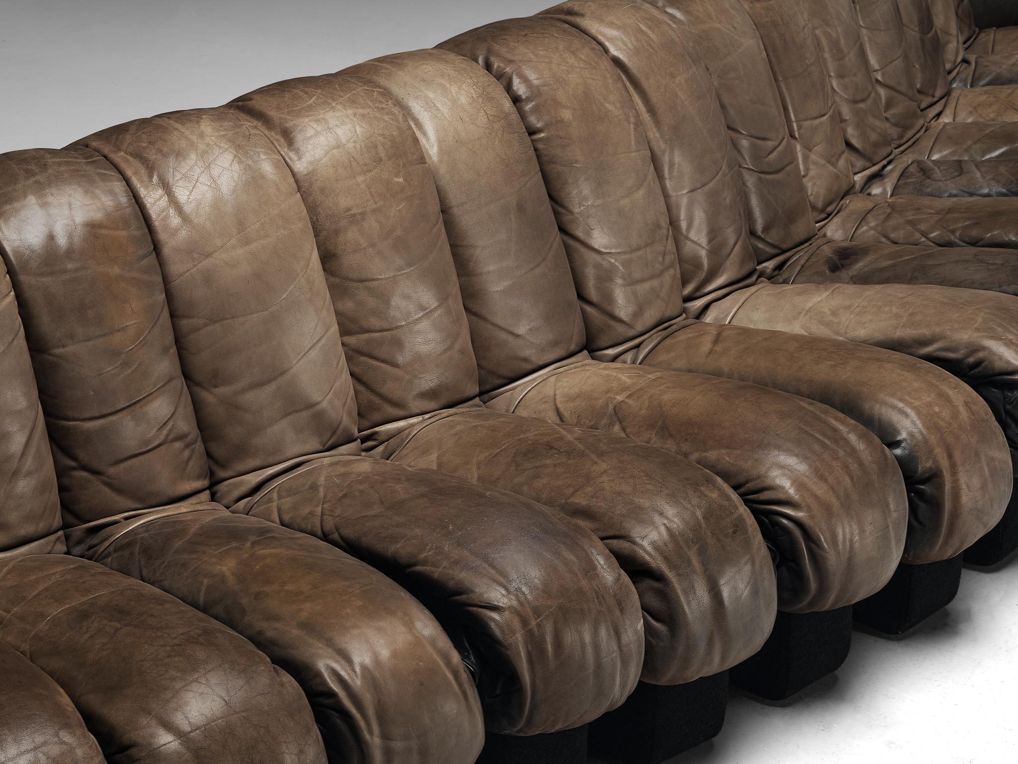 De Sede DS-600 'Snake' Sectional Sofa in Patinated Dark Brown Leather