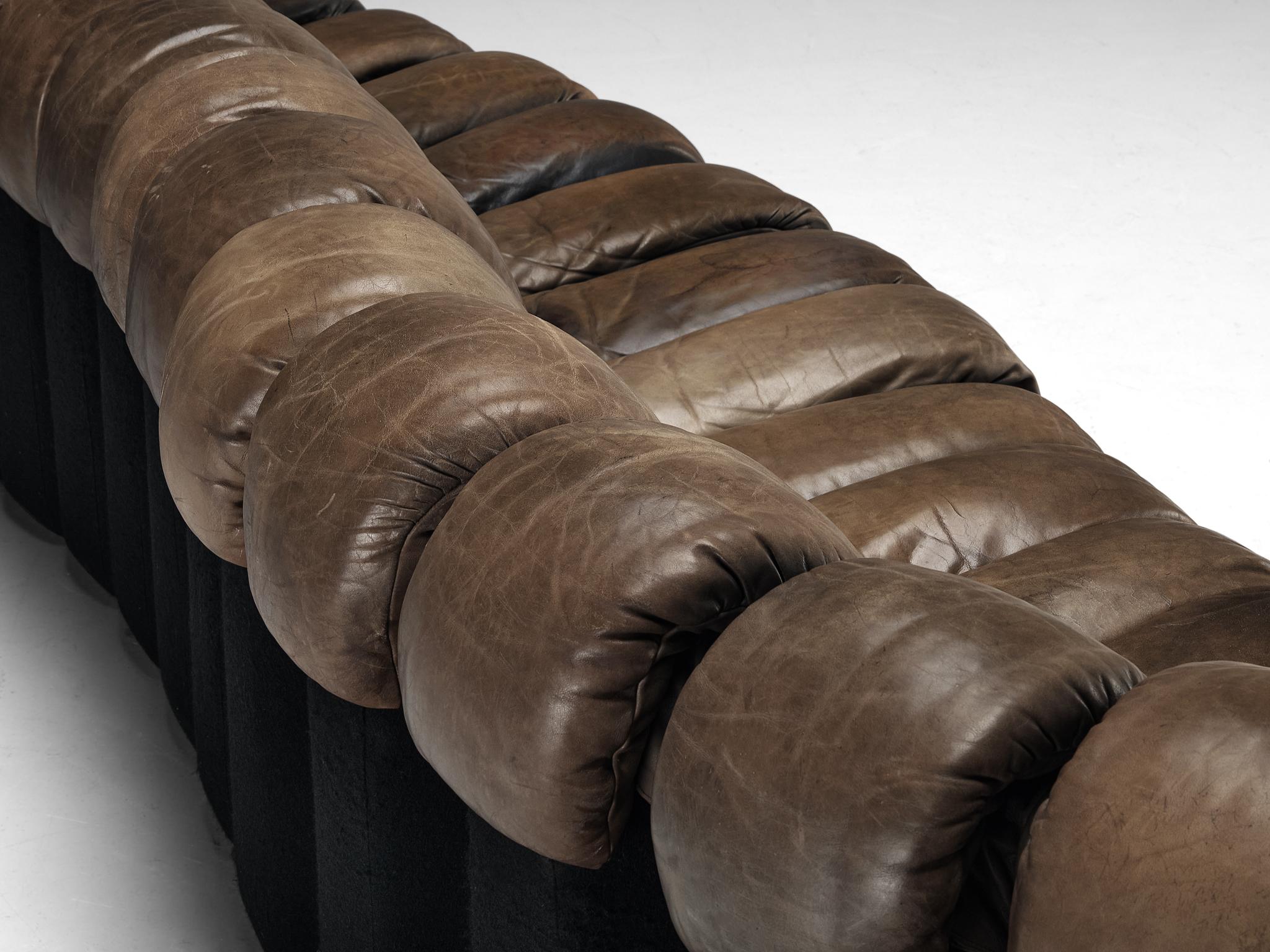 De Sede DS-600 'Snake' Sectional Sofa in Patinated Dark Brown Leather