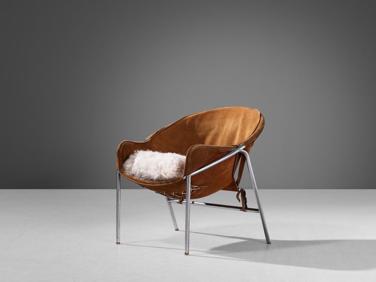 Erik Ole Jørgensen for Bovirke Easy Chair in Cognac Brown Suede and Metal