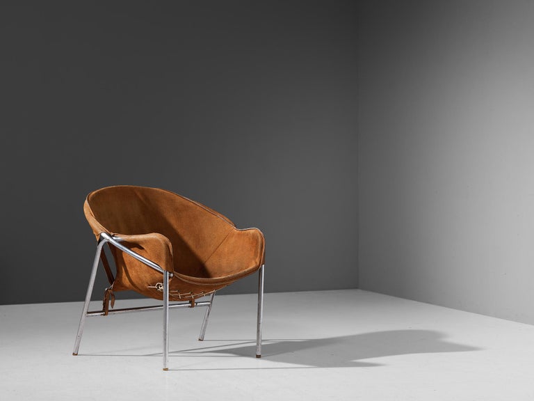 Erik Ole Jørgensen for Bovirke Easy Chair in Cognac Brown Suede and Metal