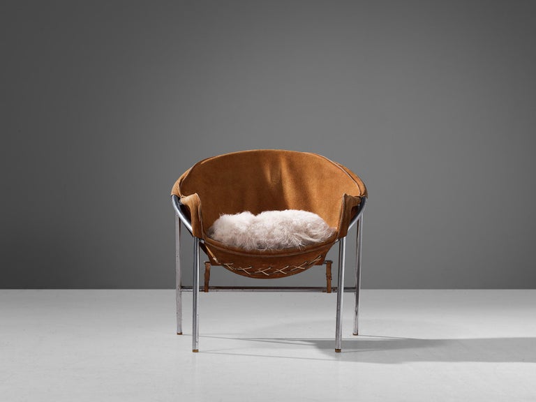 Erik Ole Jørgensen for Bovirke Easy Chair in Cognac Brown Suede and Metal