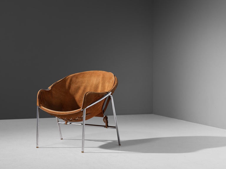 Erik Ole Jørgensen for Bovirke Easy Chair in Cognac Brown Suede and Metal