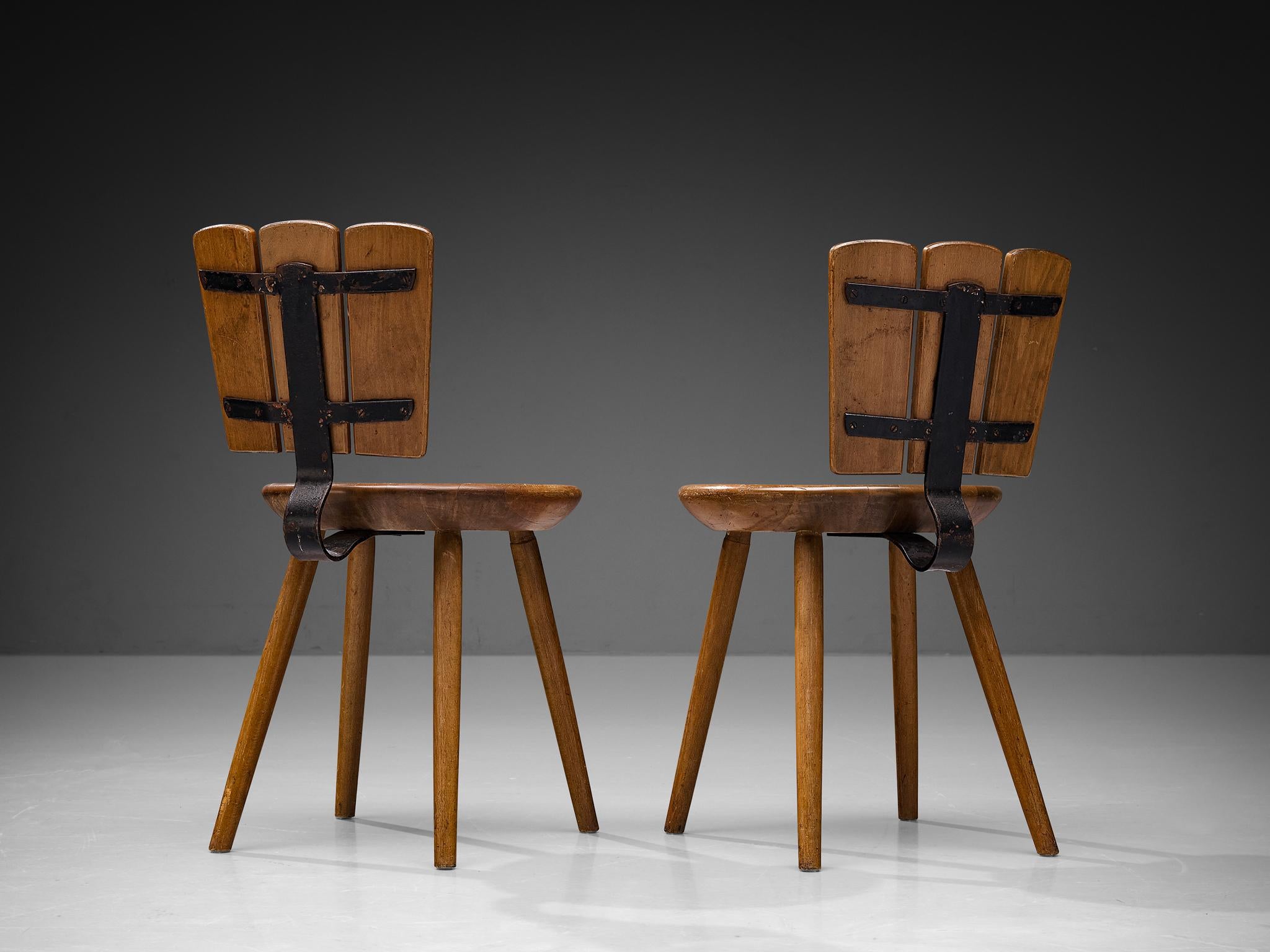 Dutch Pair of Rustic Dining Chairs in Stained Wood and Cast Iron