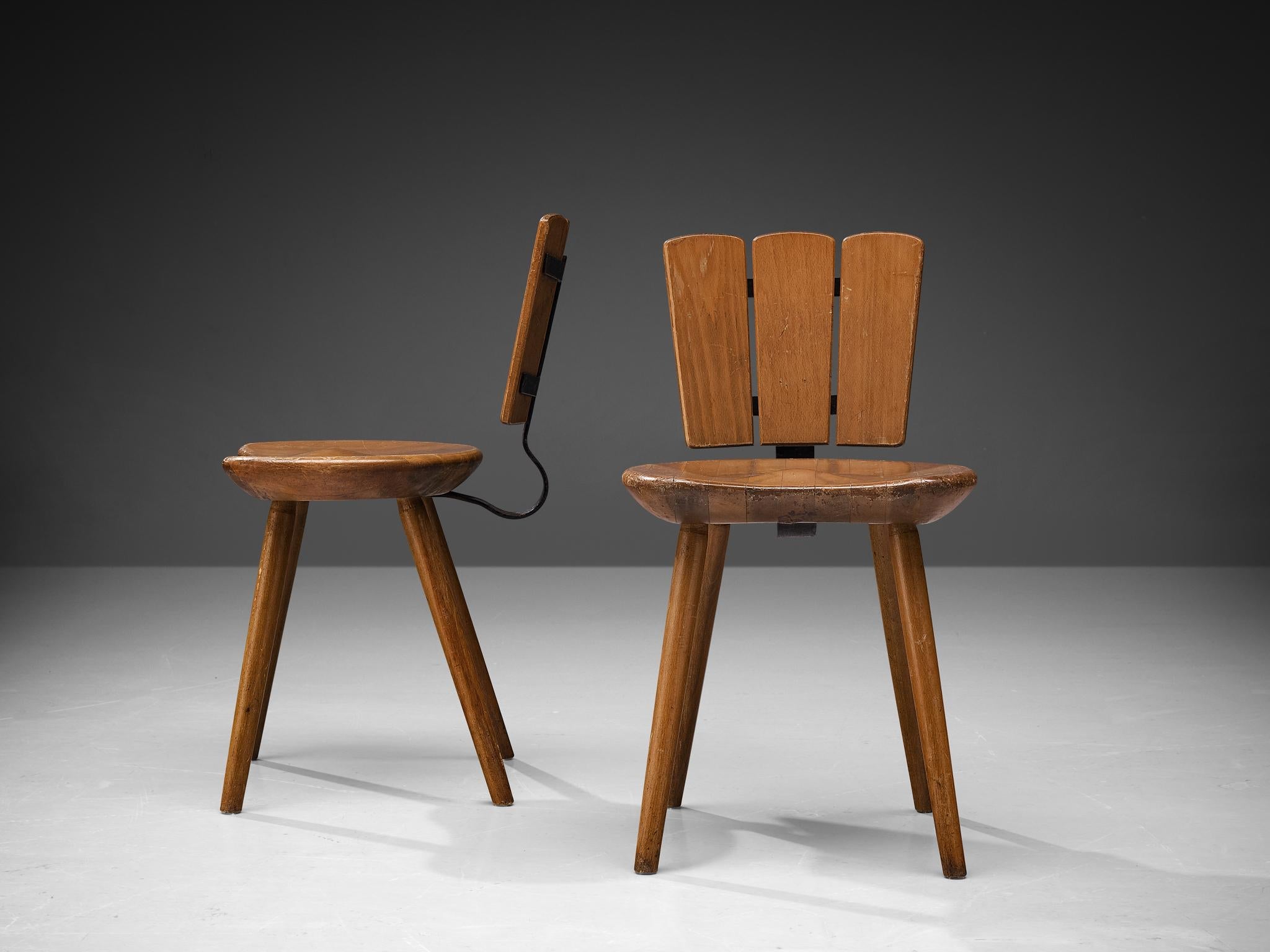 Dutch Pair of Rustic Dining Chairs in Stained Wood and Cast Iron