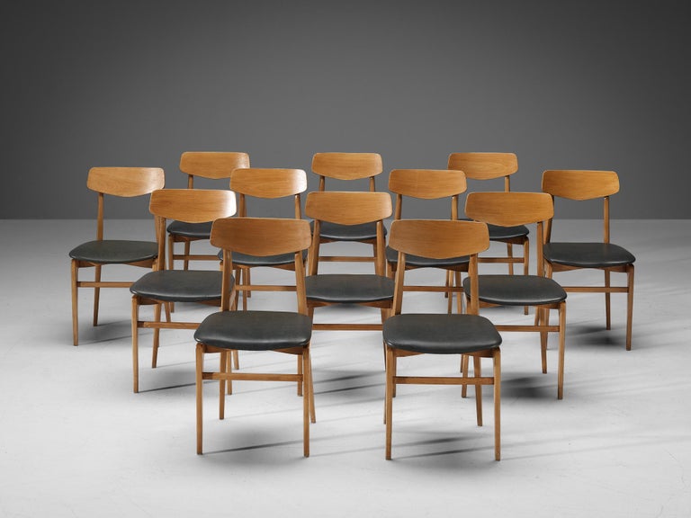 Danish Set of Twelve Dining Chairs in Blonde Wood and Dark Grey Leatherette