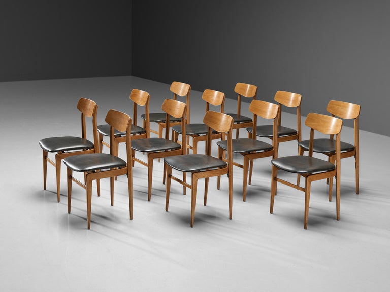 Danish Set of Twelve Dining Chairs in Blonde Wood and Dark Grey Leatherette