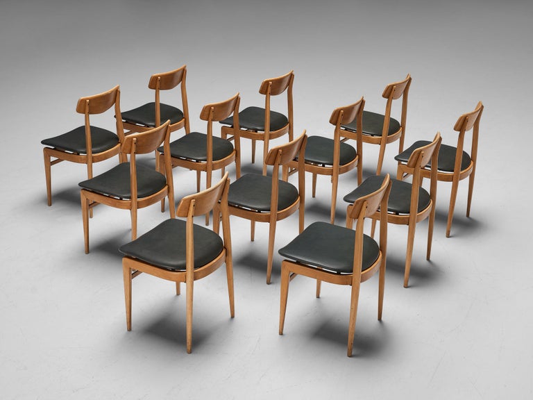 Danish Set of Twelve Dining Chairs in Blonde Wood and Dark Grey Leatherette