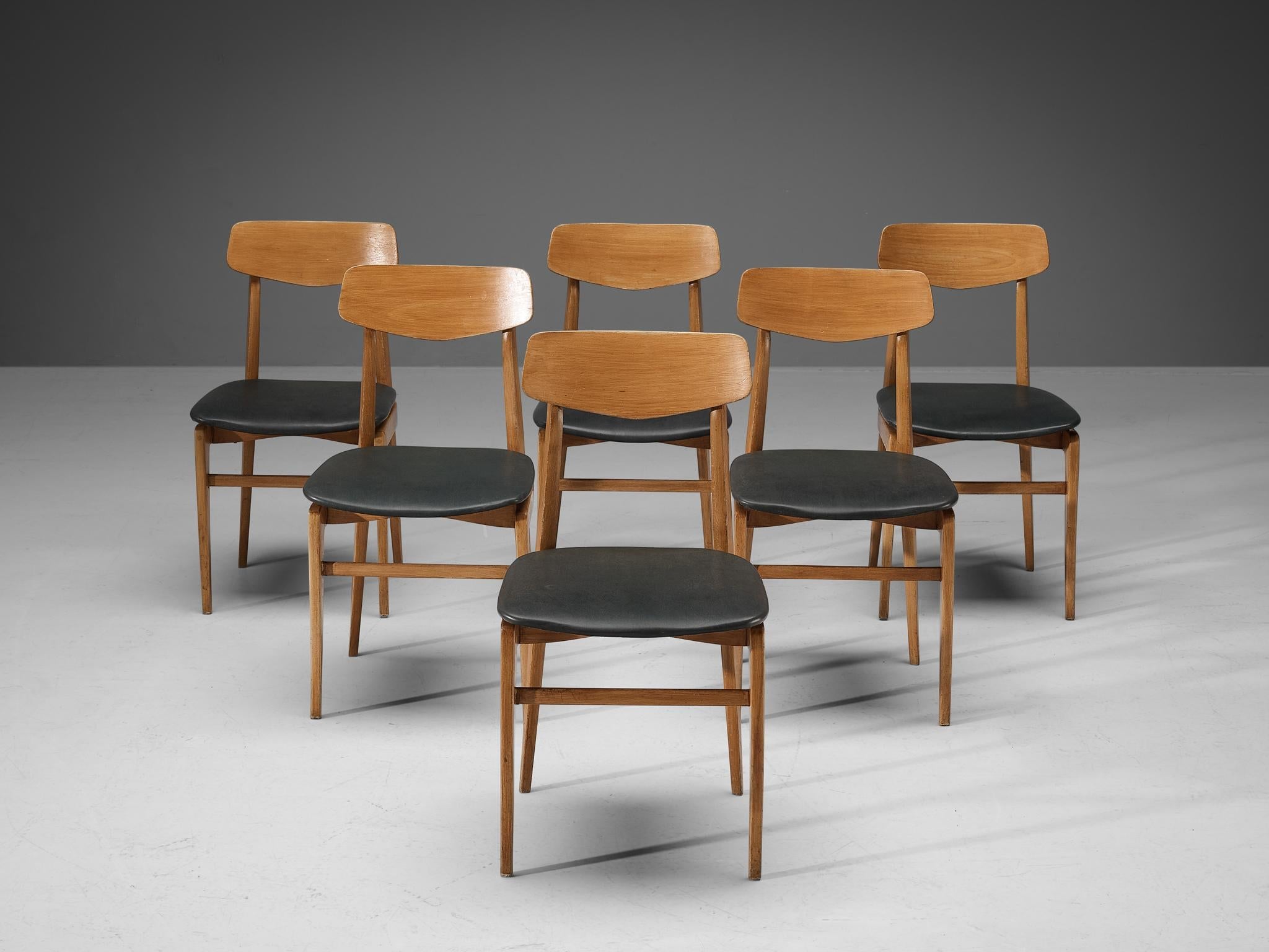 Danish Set of Six Dining Chairs in Blonde Wood and Dark Grey Leatherette