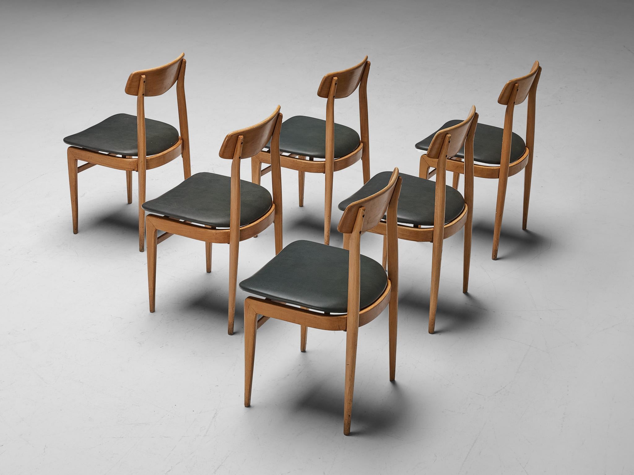 Danish Set of Six Dining Chairs in Blonde Wood and Dark Grey Leatherette