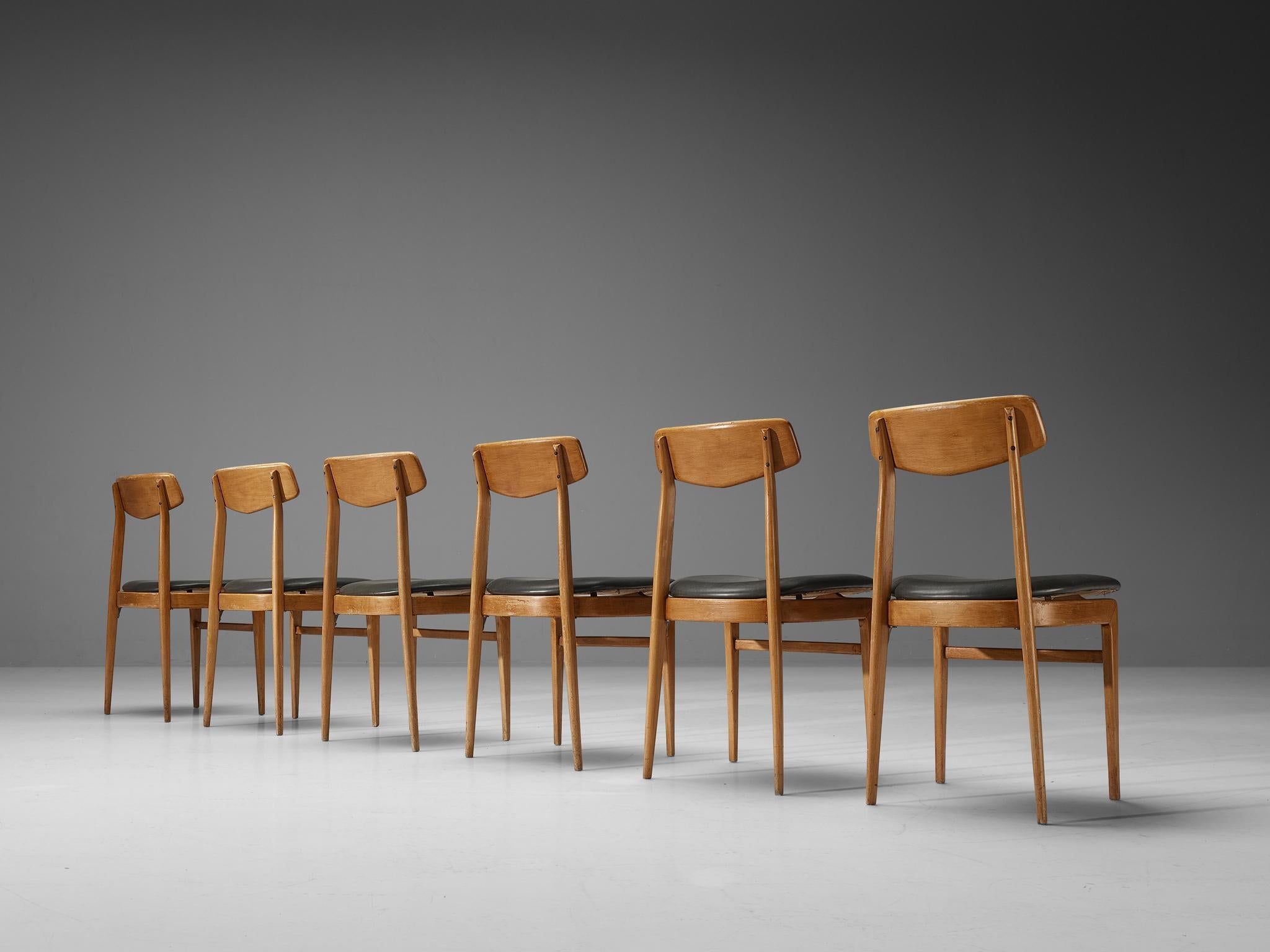 Danish Set of Six Dining Chairs in Blonde Wood and Dark Grey Leatherette