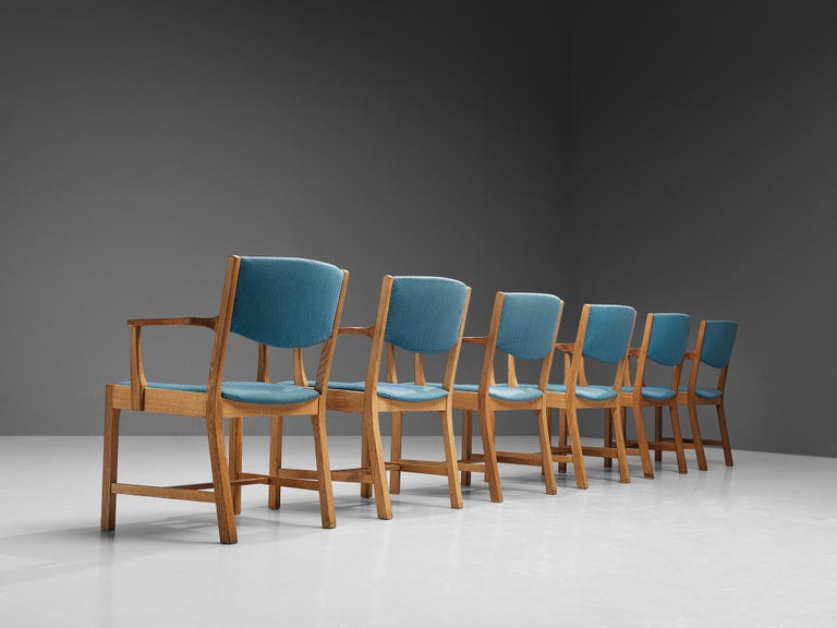 Set of Six Danish Armchairs in Oak and Light Blue Upholstery