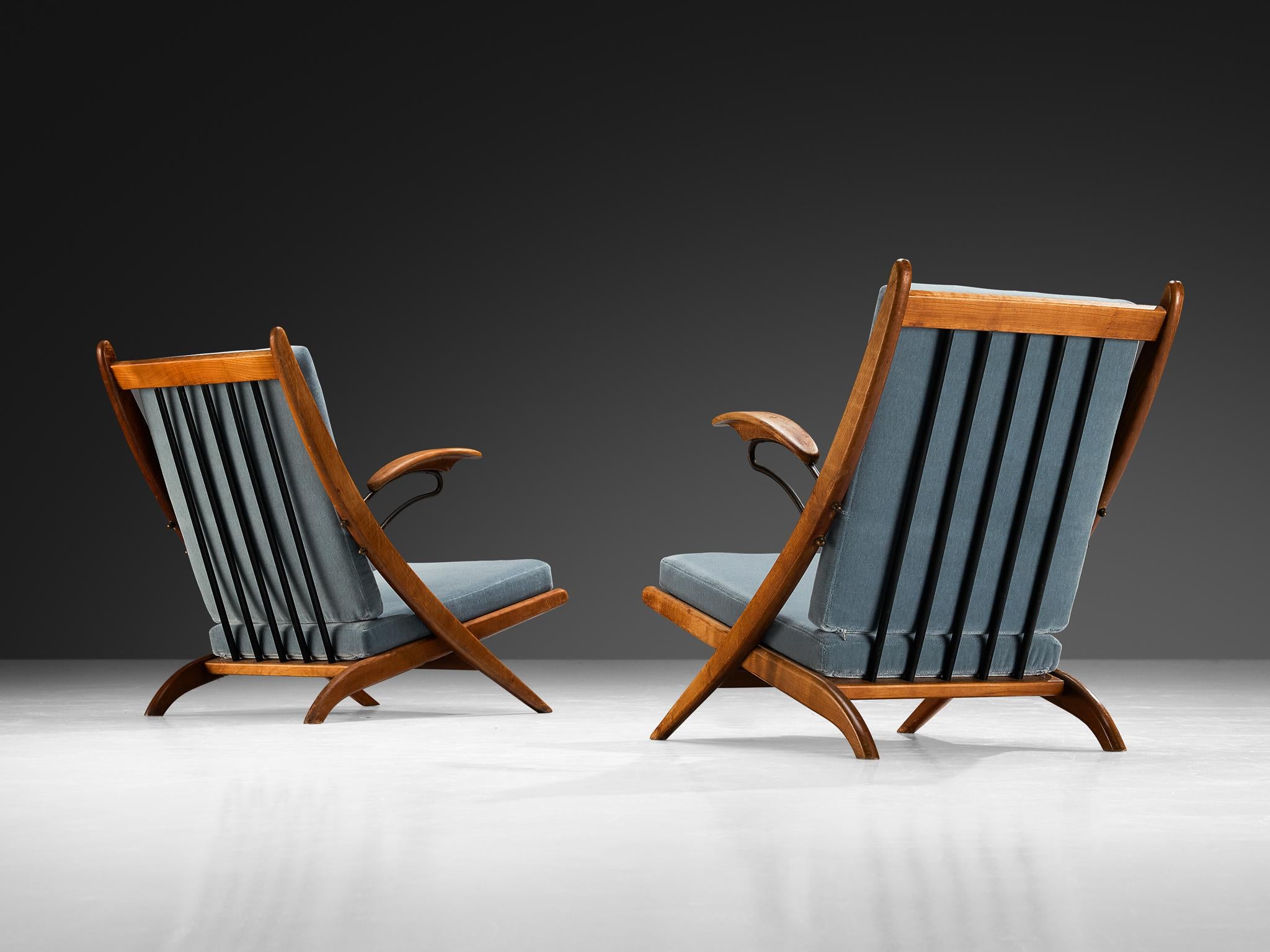 Italian Mid-Century Lounge Chairs in Cherry Wood with Blue Cushions