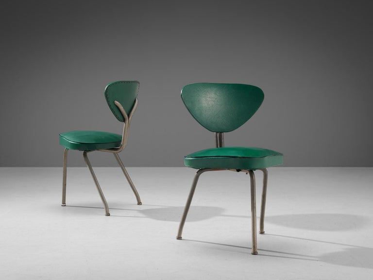 Pair of Tripod Chairs in Steel and Green Leatherette