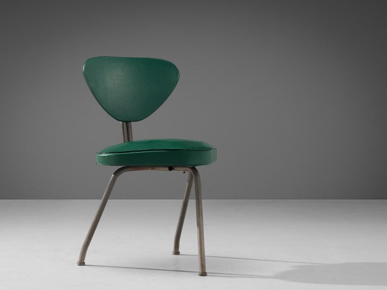 Pair of Tripod Chairs in Steel and Green Leatherette