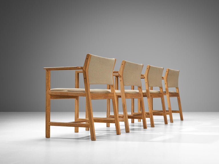 Set of Four Danish Armchairs in Oak and Beige Upholstery