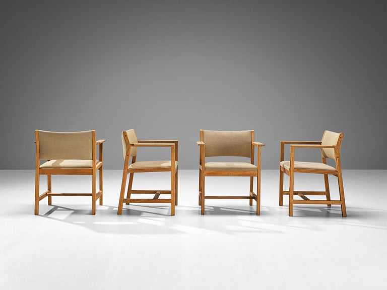 Set of Four Danish Armchairs in Oak and Beige Upholstery