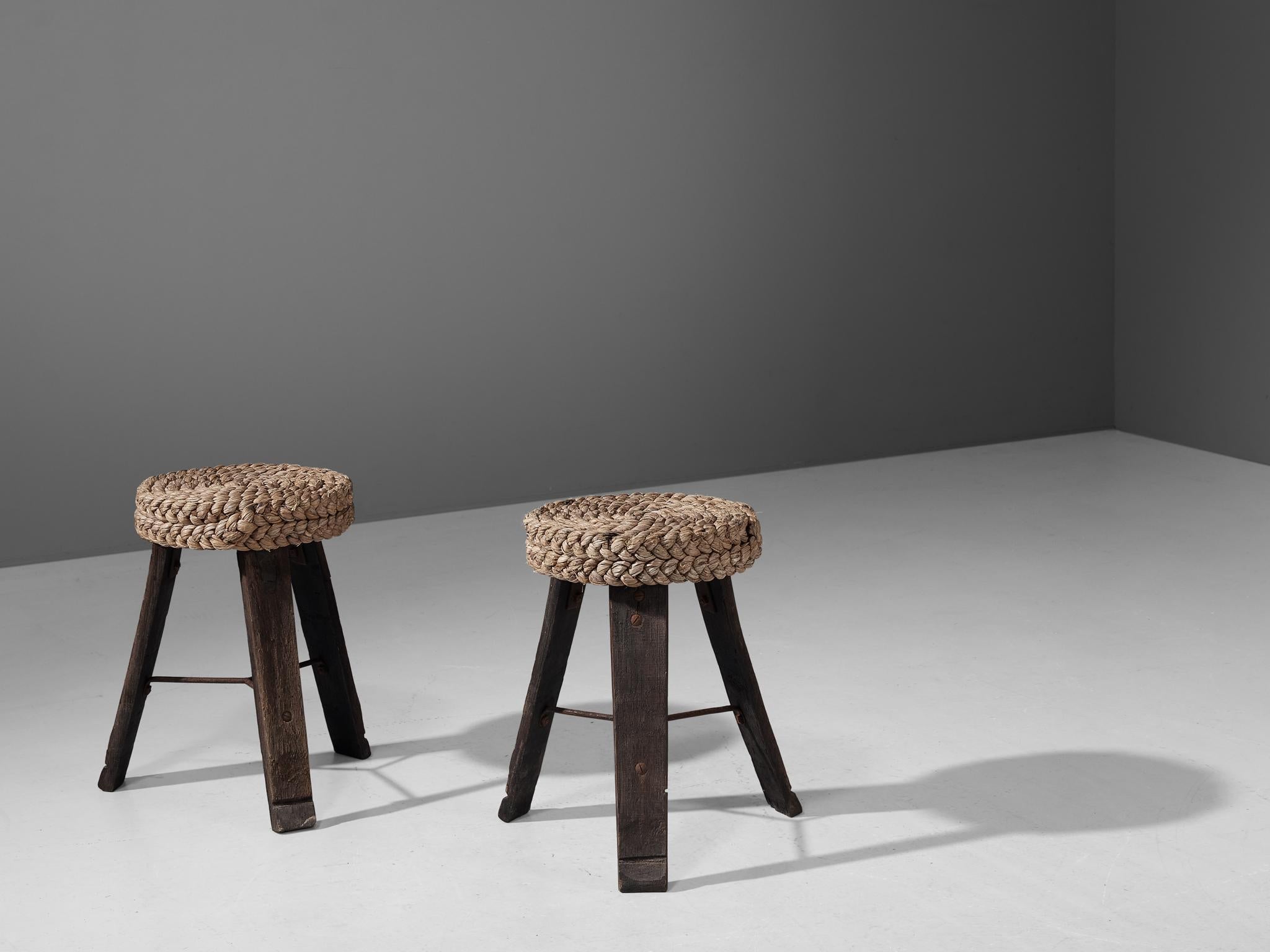 Adrien Audoux and Frida Minet Pair of Stools in Oak and Straw