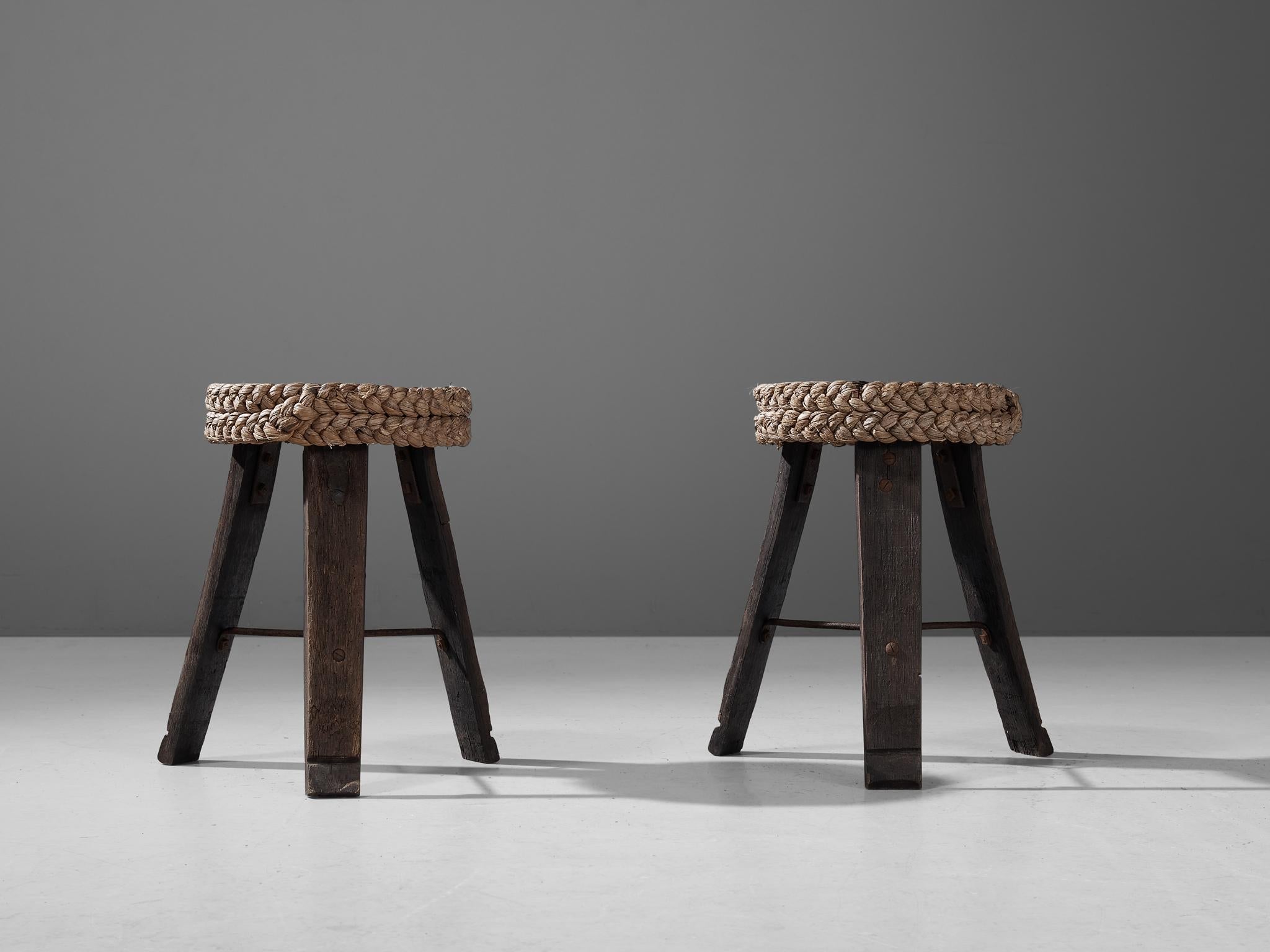 Adrien Audoux and Frida Minet Pair of Stools in Oak and Straw