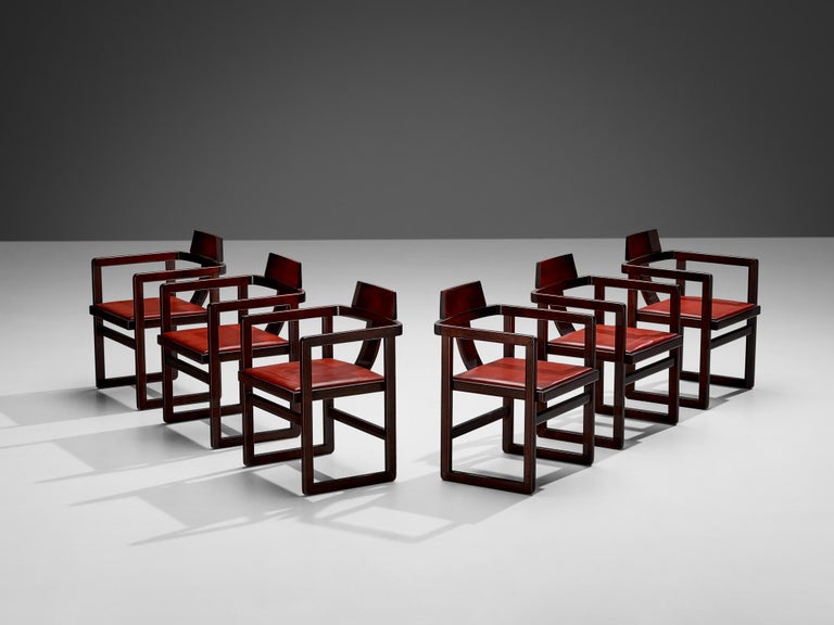 Italian Set of Six Geometric Armchairs in Stained Wood