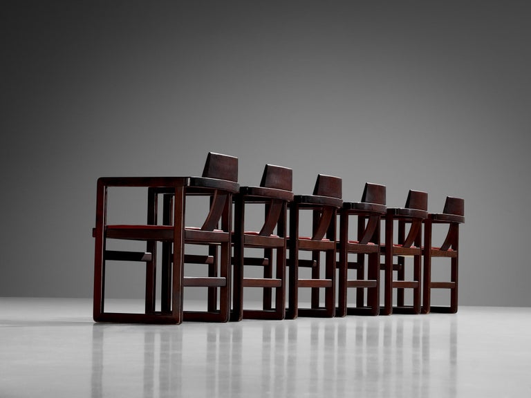 Italian Set of Six Geometric Armchairs in Stained Wood