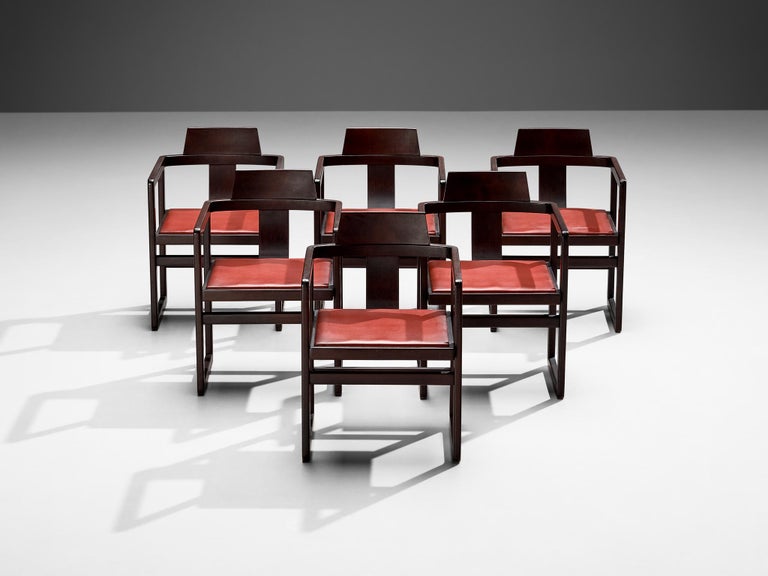 Italian Set of Six Geometric Armchairs in Stained Wood