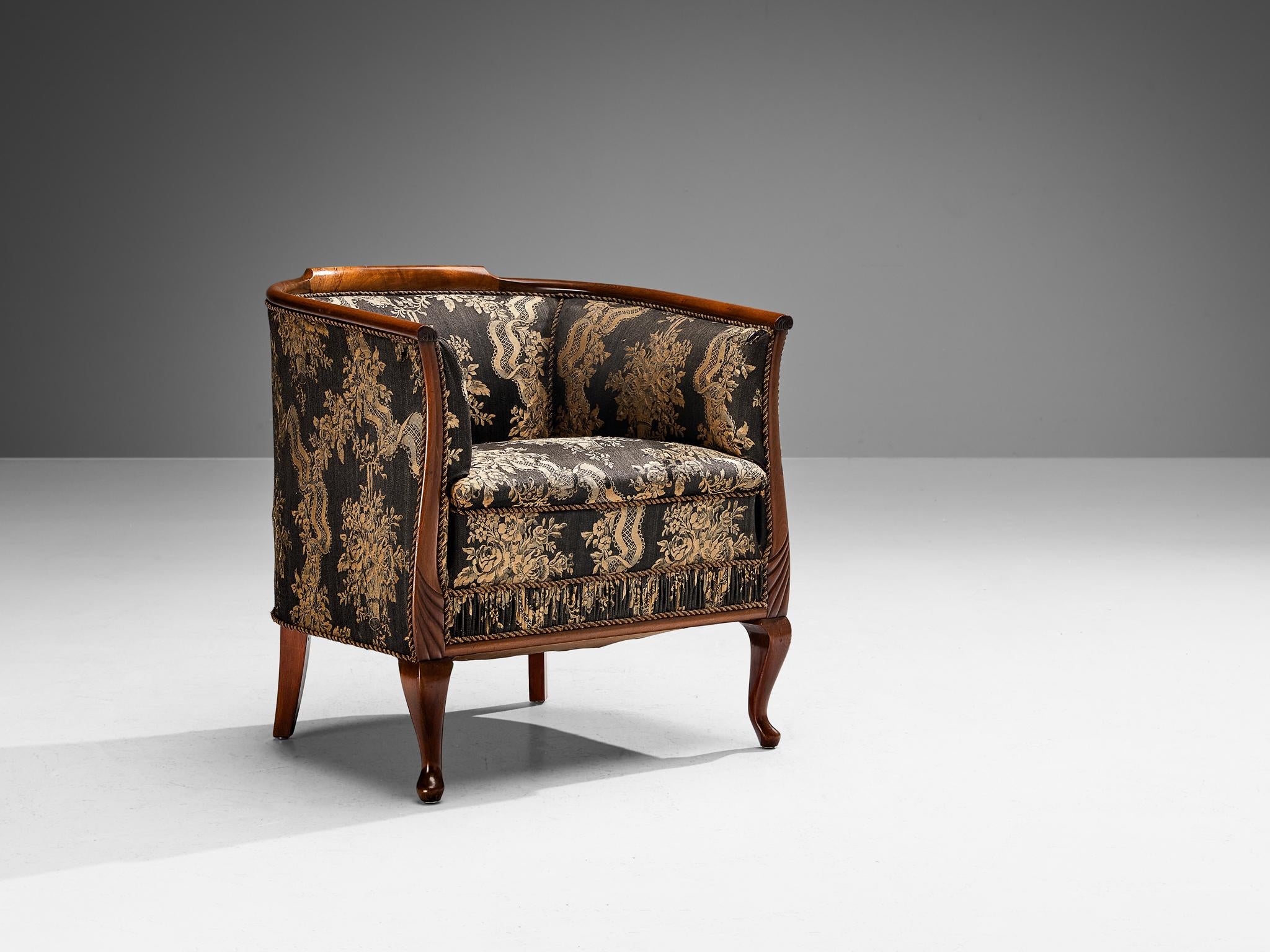 European Art Deco Lounge Chair in Mahogany and Floral Upholstery