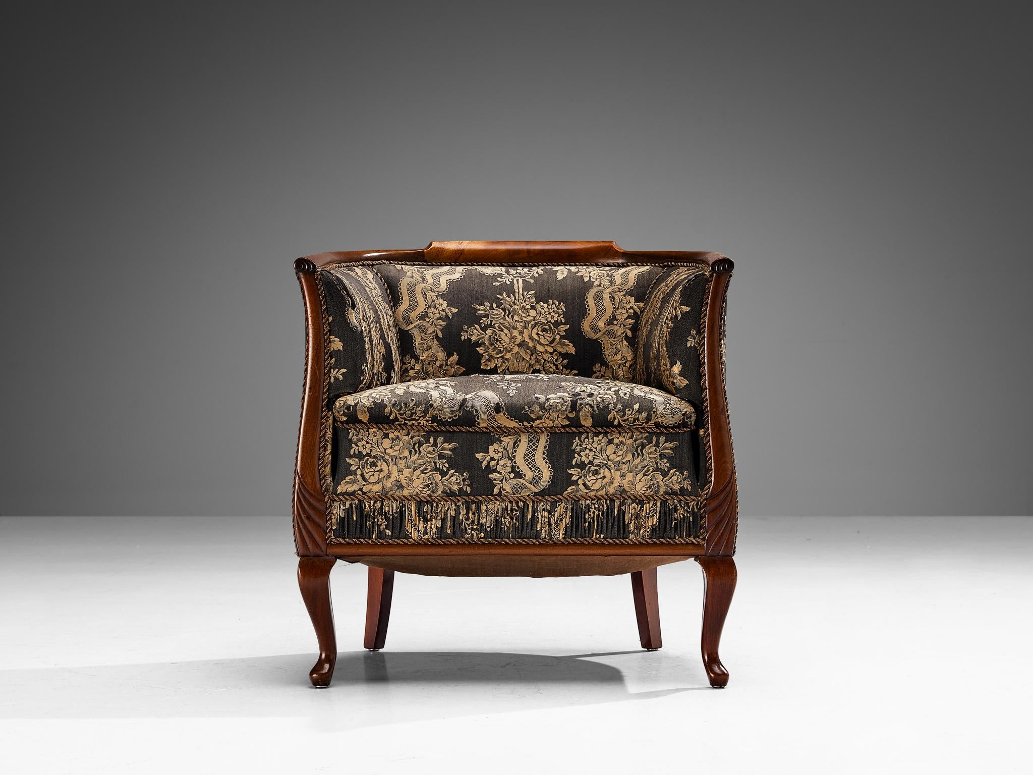 European Art Deco Lounge Chair in Mahogany and Floral Upholstery