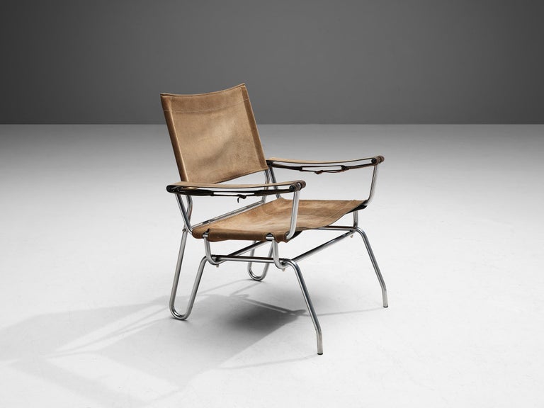 A. Dolleman for Metz & Co Armchair in Suede with Tubular Metal Frame