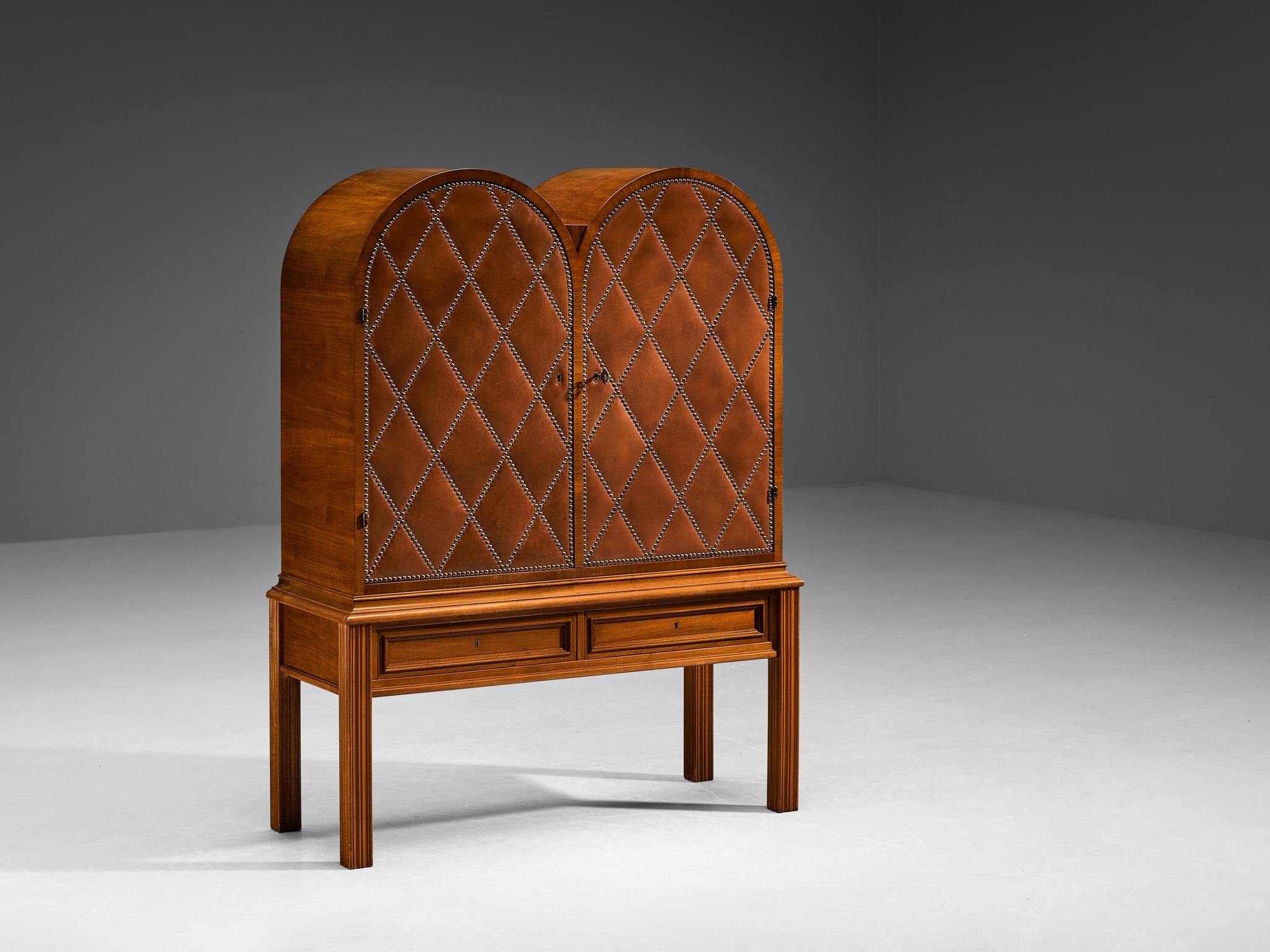Rare Swedish Bar Cabinet in Walnut and Cognac Leather with Brass Nails