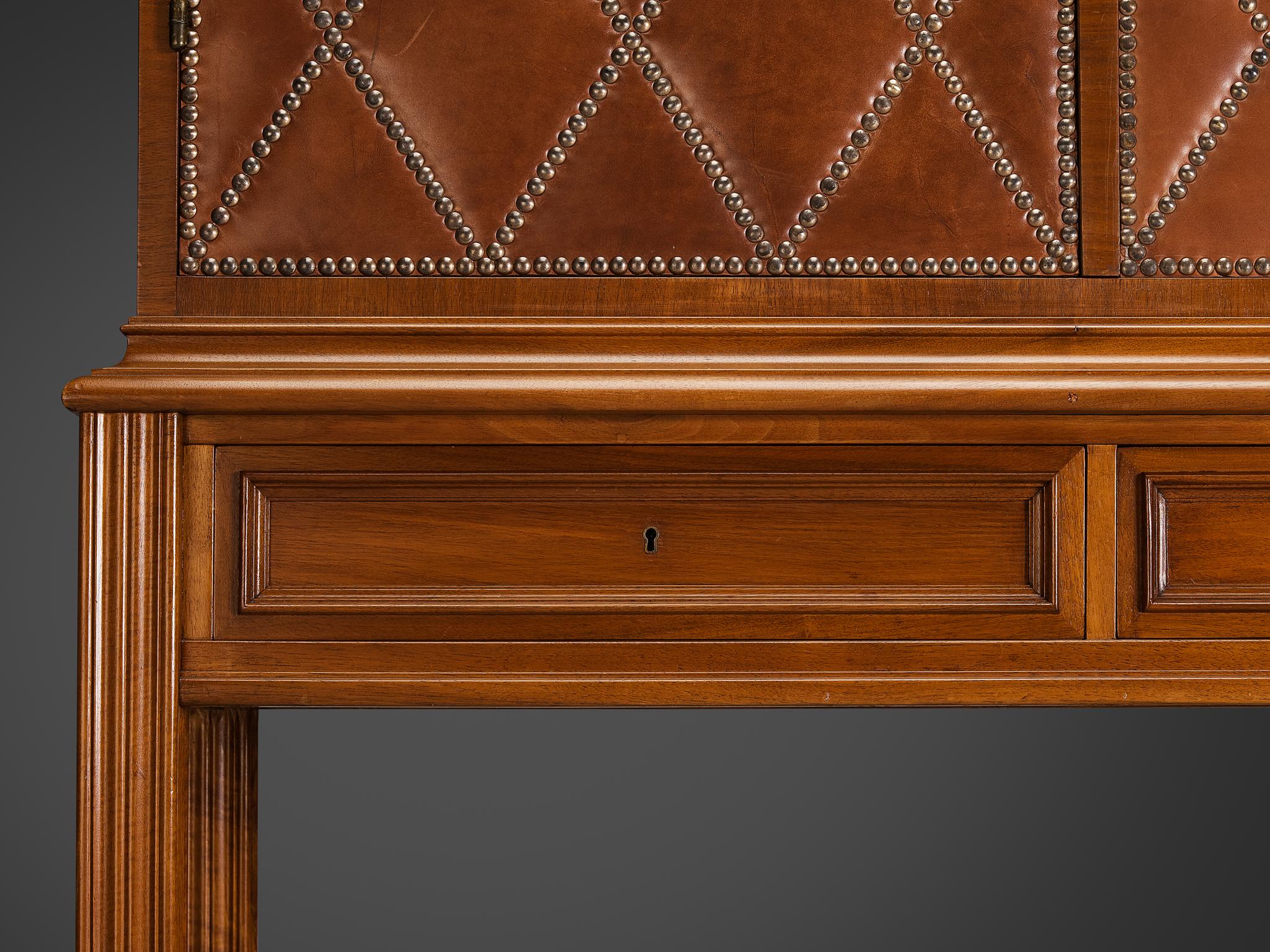 Rare Swedish Bar Cabinet in Walnut and Cognac Leather with Brass Nails