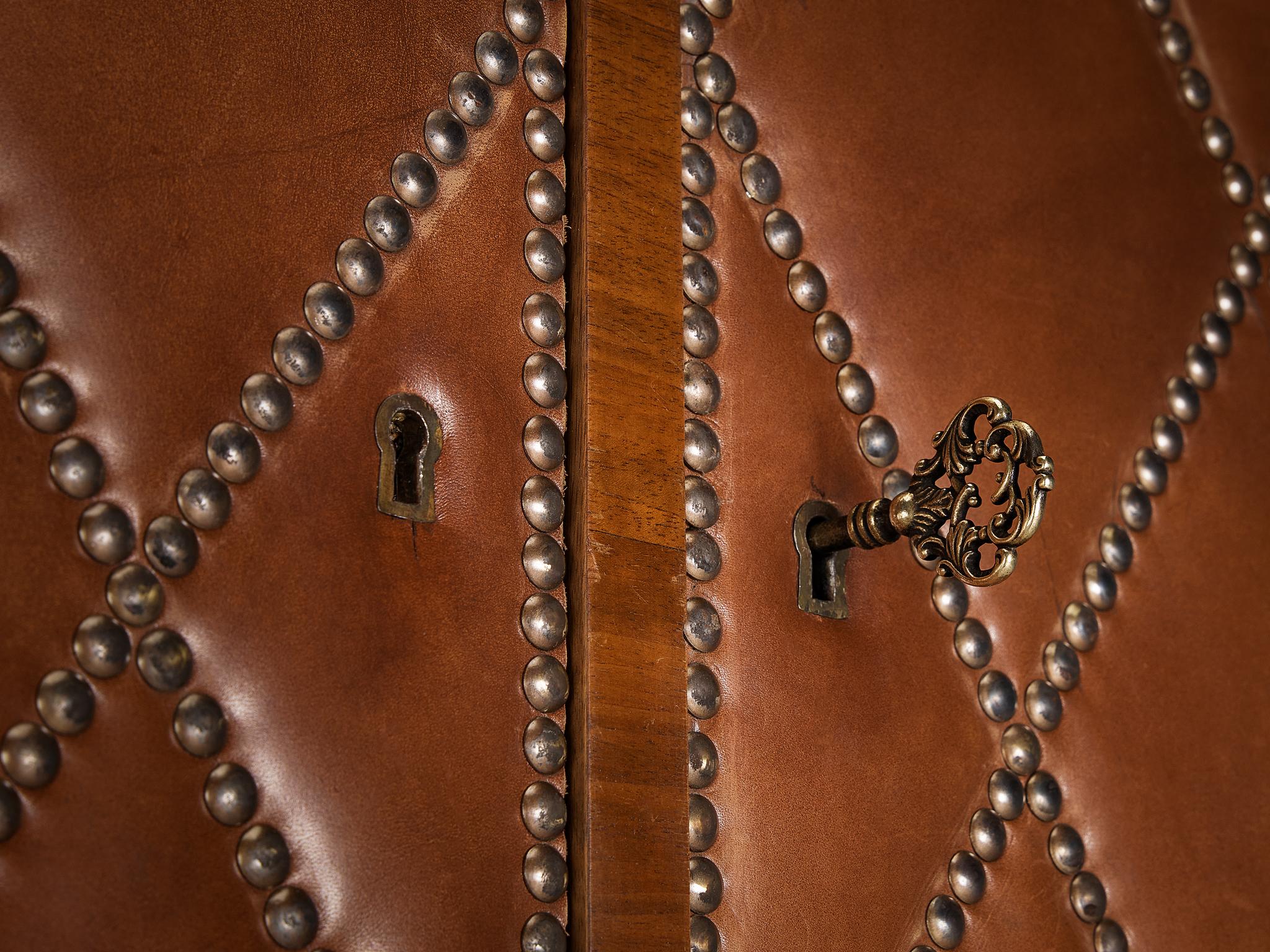 Rare Swedish Bar Cabinet in Walnut and Cognac Leather with Brass Nails