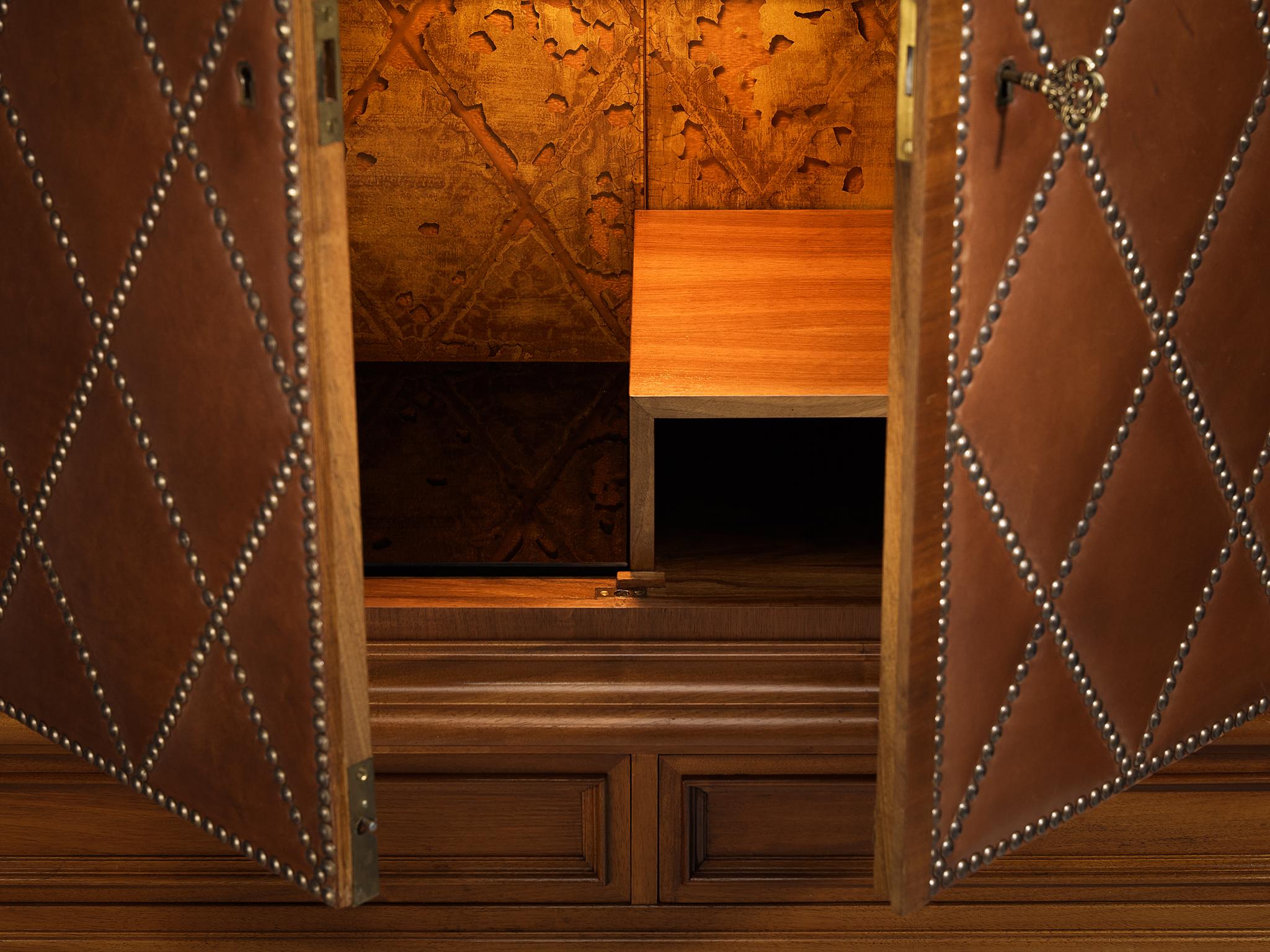 Rare Swedish Bar Cabinet in Walnut and Cognac Leather with Brass Nails