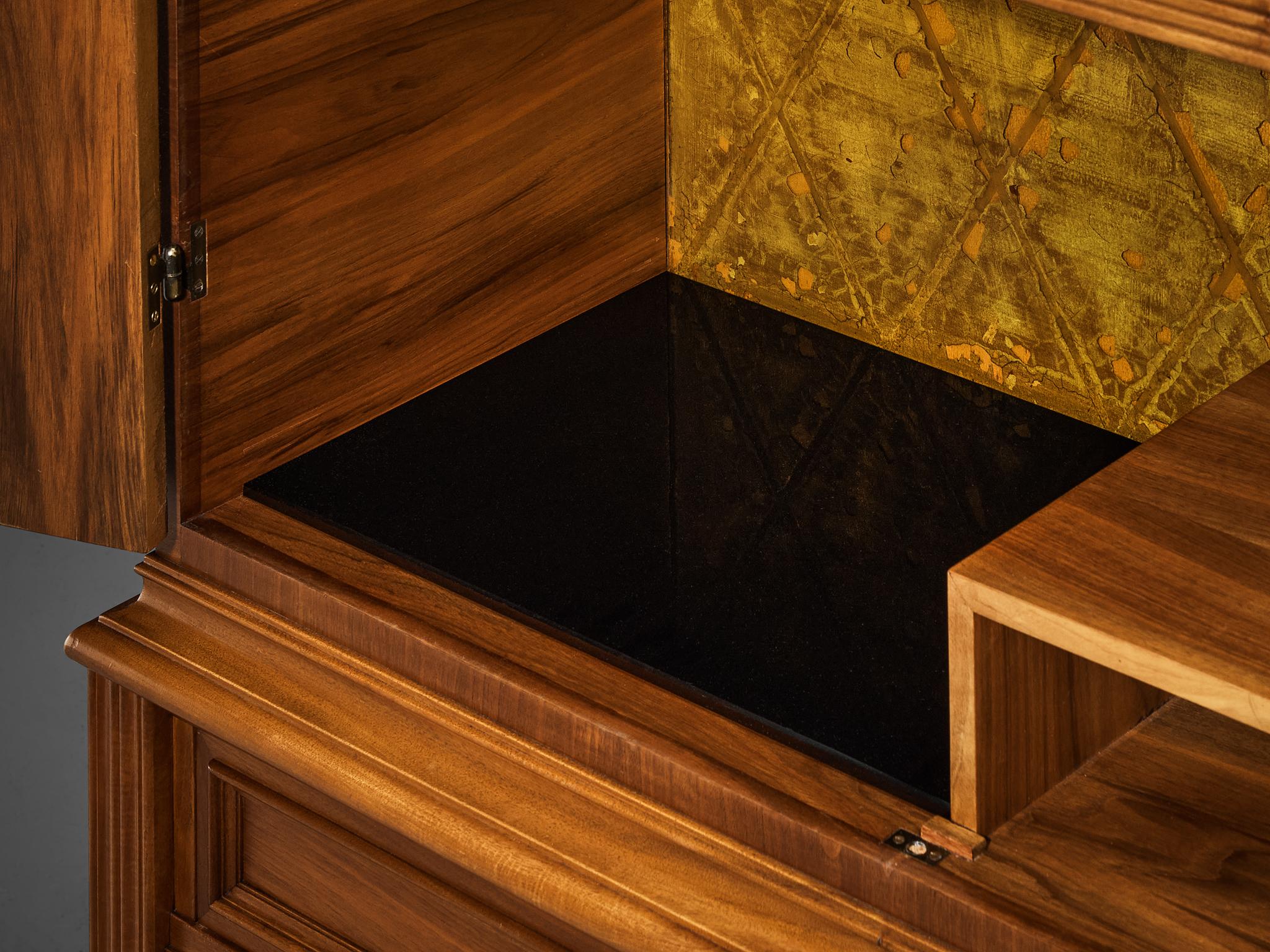 Rare Swedish Bar Cabinet in Walnut and Cognac Leather with Brass Nails