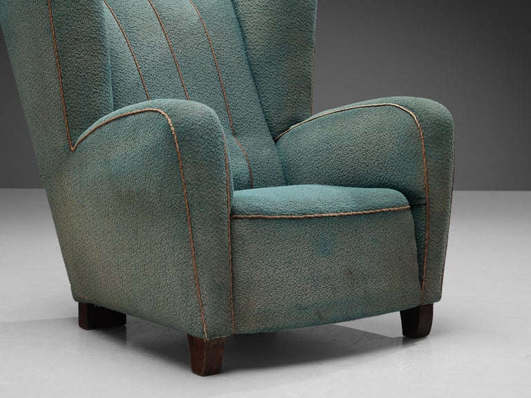 Scandinavian Wingback Chair in Ocean Blue Upholstery and Wood