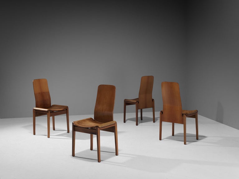 Tito Agnoli for Molteni Set of Four 'Fiorenza' Dining Chairs in Leather & Walnut