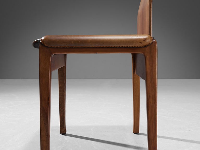 Tito Agnoli for Molteni Set of Four 'Fiorenza' Dining Chairs in Leather & Walnut