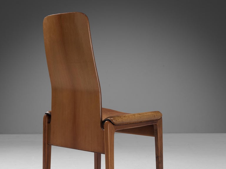 Tito Agnoli for Molteni Set of Four 'Fiorenza' Dining Chairs in Leather & Walnut