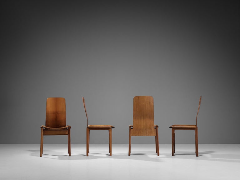 Tito Agnoli for Molteni Set of Four 'Fiorenza' Dining Chairs in Leather & Walnut