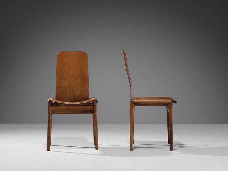 Tito Agnoli for Molteni Set of Four 'Fiorenza' Dining Chairs in Leather & Walnut