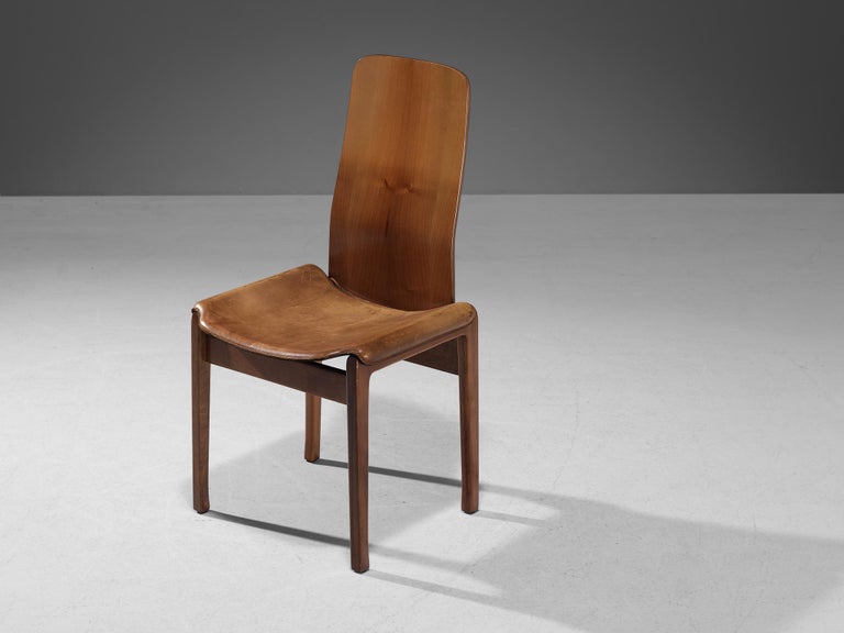 Tito Agnoli for Molteni Set of Four 'Fiorenza' Dining Chairs in Leather & Walnut