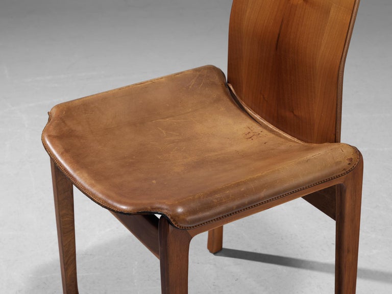 Tito Agnoli for Molteni Set of Four 'Fiorenza' Dining Chairs in Leather & Walnut