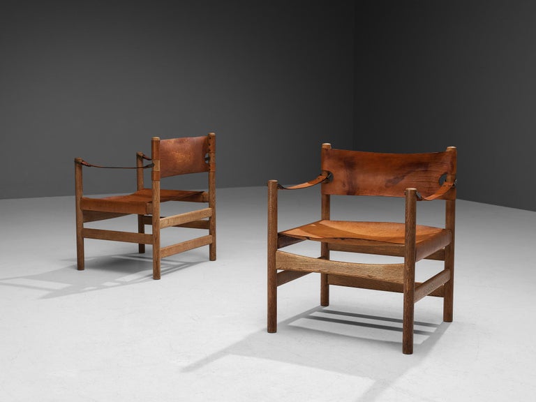 Rare Børge Mogensen for Fredericia Pair of ‘Safari’ Armchairs Cognac Leather Oak