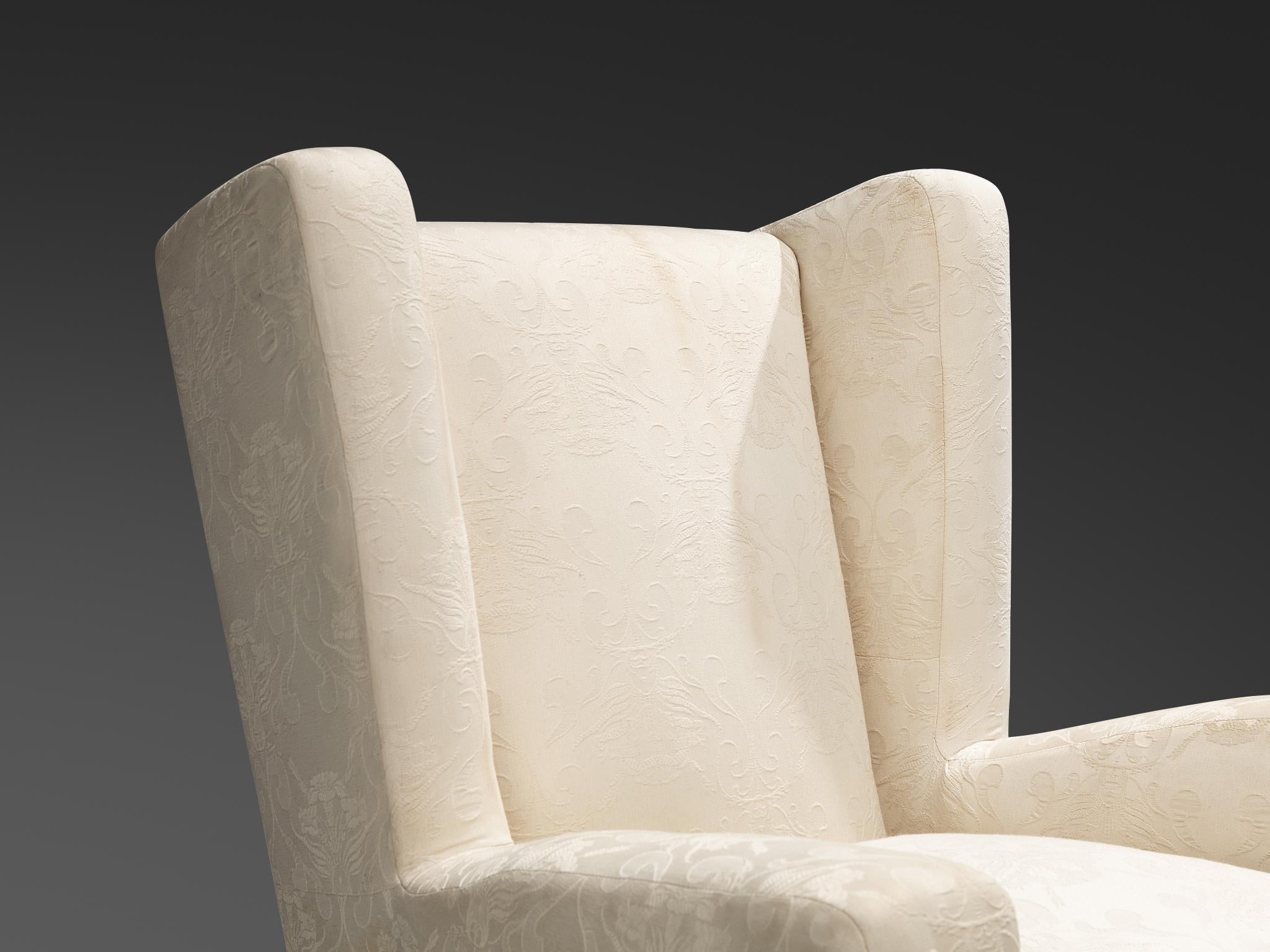 1950s Mid-Century Modern Italian Wingback Chair in Off-White Fabric & Wood